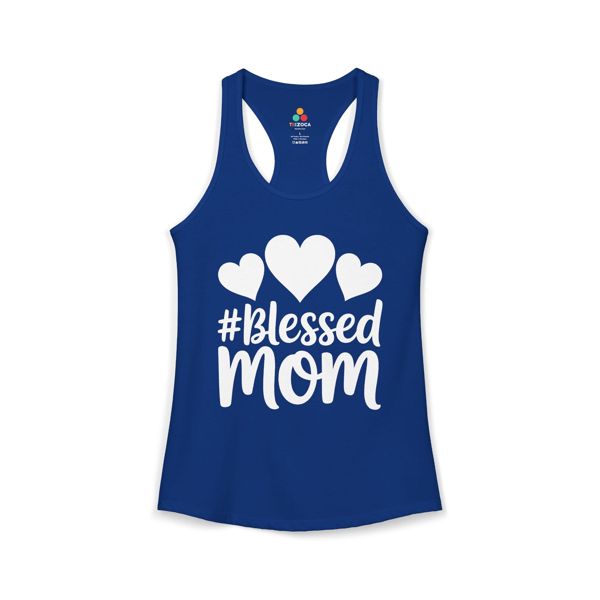 TEEZOCA women’s tank top featuring Blessed Mom lettering and hearts Blue tank top with '#Blessed Mom' text and heart designs on a white background