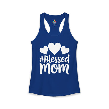 TEEZOCA women’s tank top featuring Blessed Mom lettering and hearts Blue tank top with '#Blessed Mom' text and heart designs on a white background