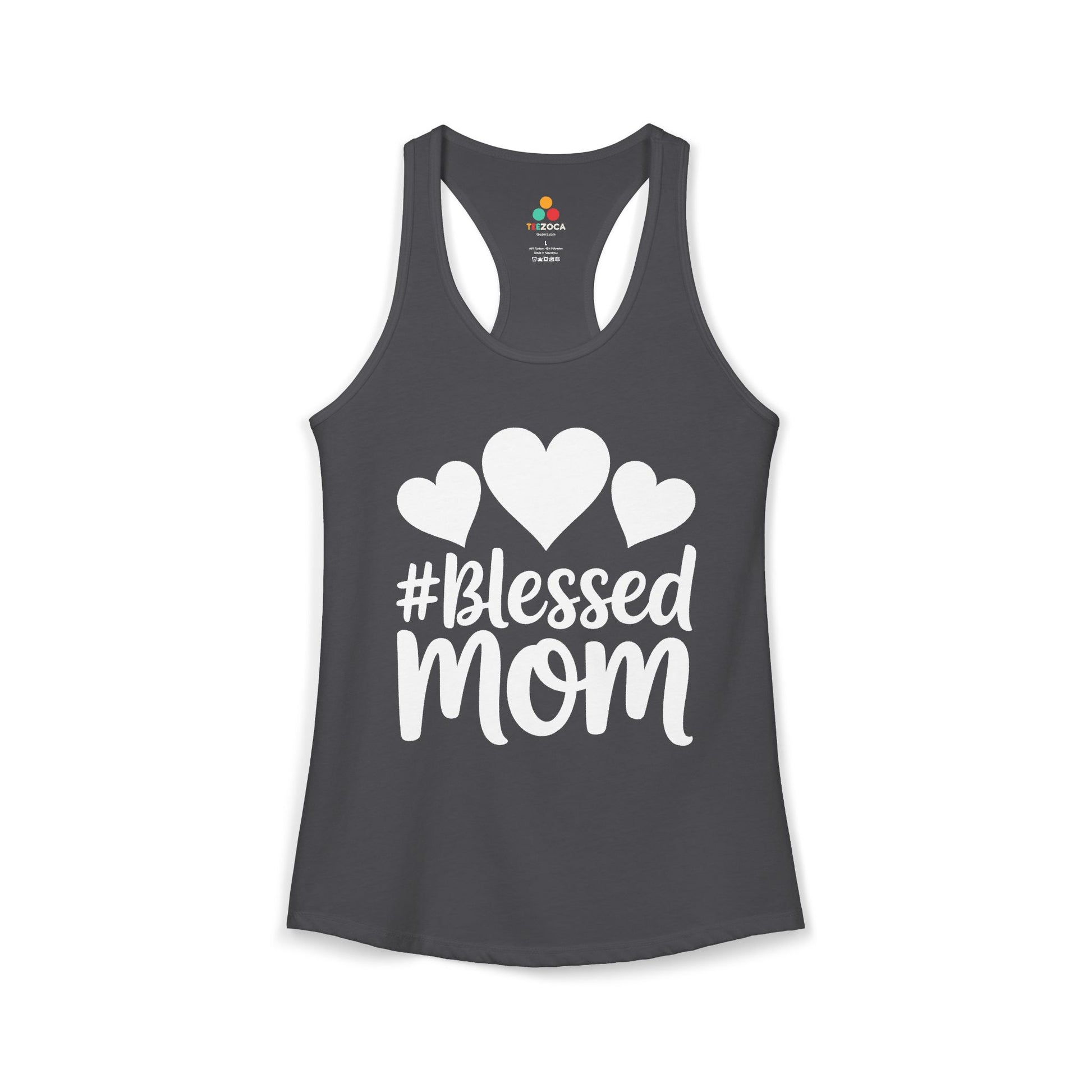 TEEZOCA women’s tank top featuring Blessed Mom lettering and hearts Gray tank top with '#Blessed Mom' text and hearts on a white background