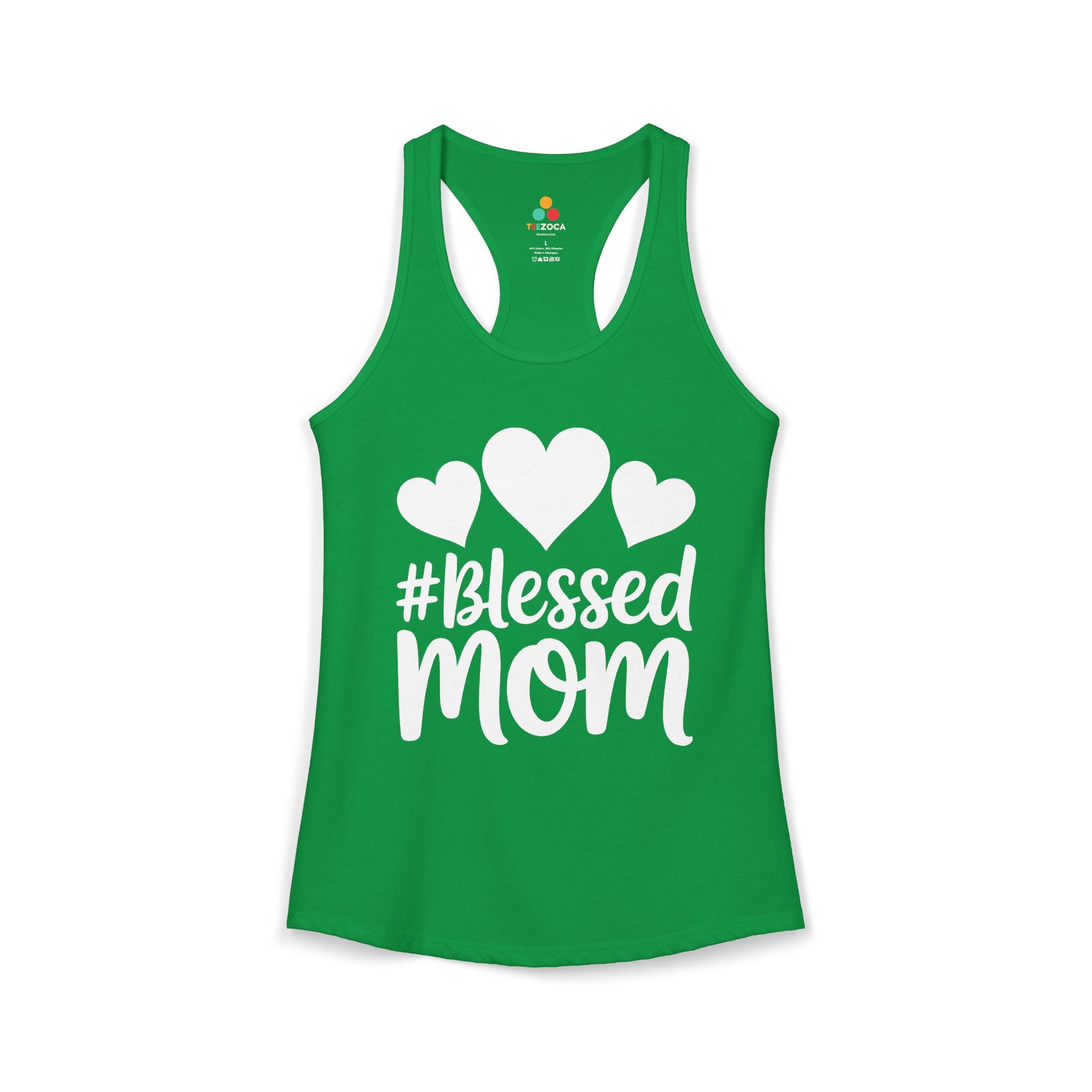 TEEZOCA women’s tank top featuring Blessed Mom lettering and hearts Green tank top with '#Blessed Mom' text and hearts on a white background