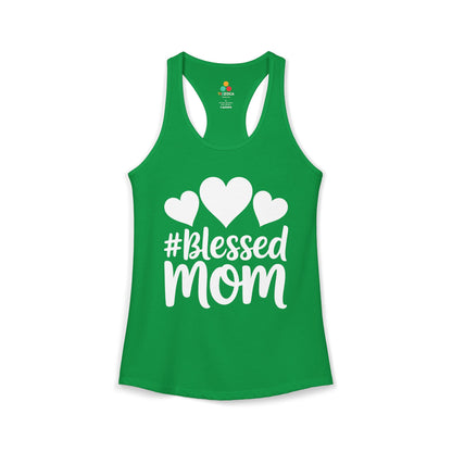 TEEZOCA women’s tank top featuring Blessed Mom lettering and hearts Green tank top with '#Blessed Mom' text and hearts on a white background