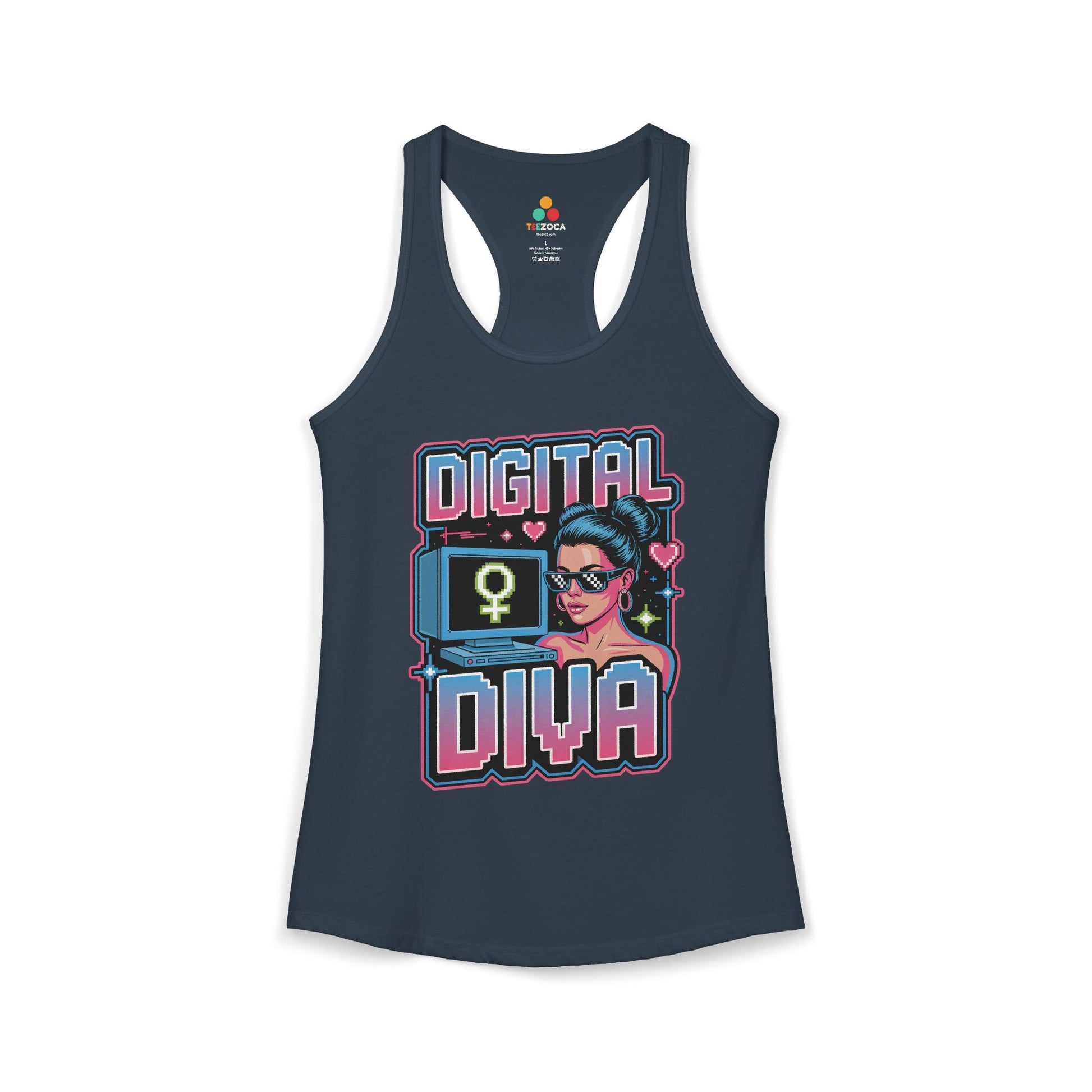 TEEZOCA women’s tank top featuring Digital Diva neon digital artwork Navy tank top with 'Digital Diva' graphic design on a white background