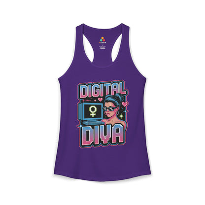 TEEZOCA women’s tank top featuring Digital Diva neon digital artwork Purple tank top with 'Digital Diva' graphic design on a white background