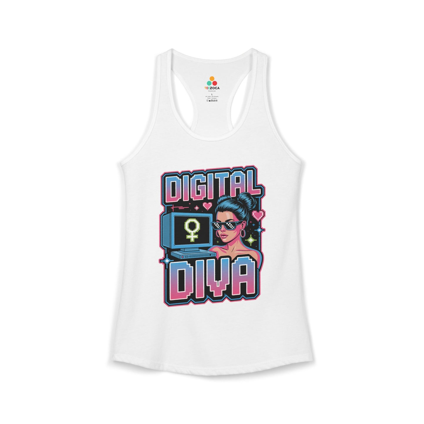 TEEZOCA women’s tank top featuring Digital Diva neon digital artwork White tank top with 'Digital Diva' graphic design on a white background