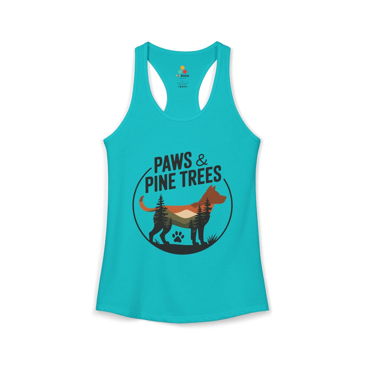 TEEZOCA women’s tank top featuring “Paws & Pine Trees” dog and forest adventure design
 Turquoise tank top with a graphic of a dog and trees and text 'Paws & Pine Trees' on a white background.