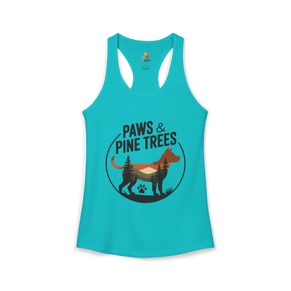 TEEZOCA women’s tank top featuring “Paws & Pine Trees” dog and forest adventure design
 Turquoise tank top with a graphic of a dog and trees and text 'Paws & Pine Trees' on a white background.