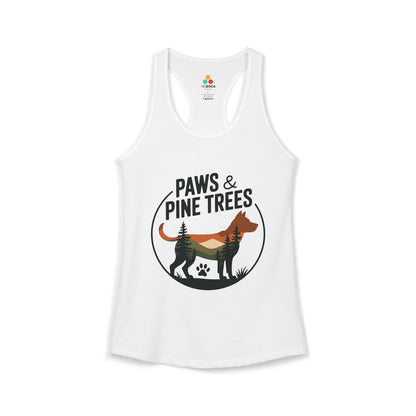 TEEZOCA women’s tank top featuring “Paws & Pine Trees” dog and forest adventure design
 White tank top with 'Paws & Pine Trees' graphic design on a white background
