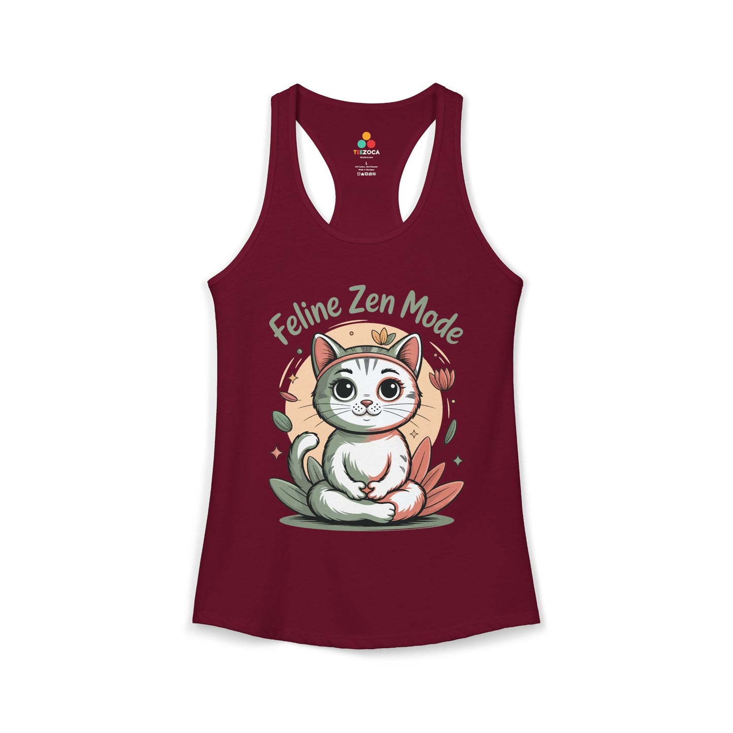 TEEZOCA women’s tank top featuring a cute meditating cat with “Feline Zen Mode” mindfulness design
 Maroon tank top with a cat graphic and 'Feline Zen Mode' text on a white background