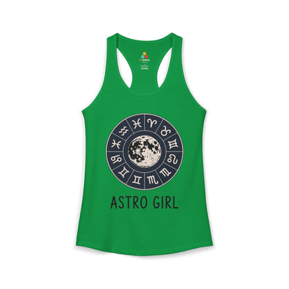 TEEZOCA women’s tank top featuring astrology symbols and full moon artwork Green tank top with astrological design and 'ASTRO GIRL' text on a white background