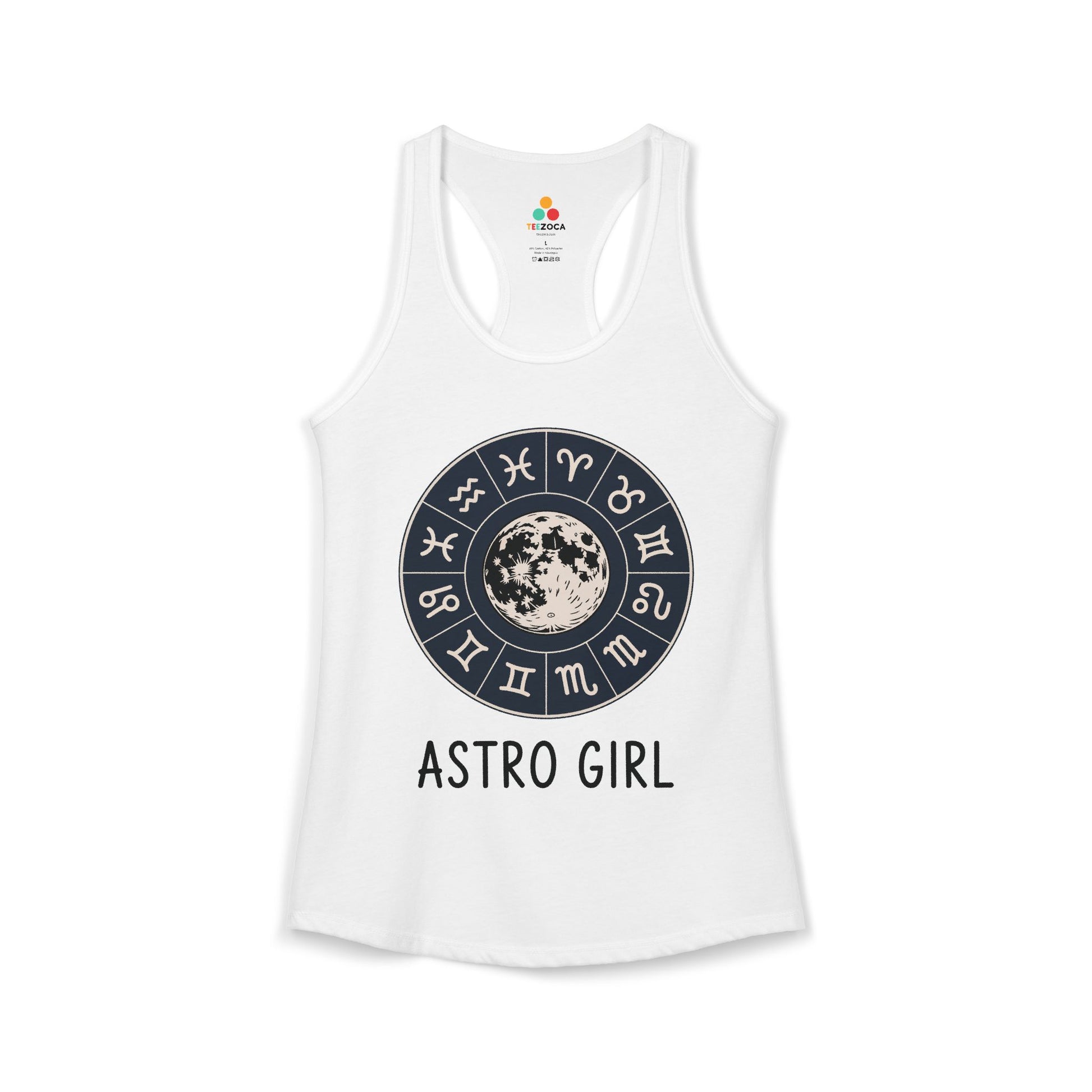 TEEZOCA women’s tank top featuring astrology symbols and full moon artwork White tank top with astrological design and 'ASTRO GIRL' text on a white background