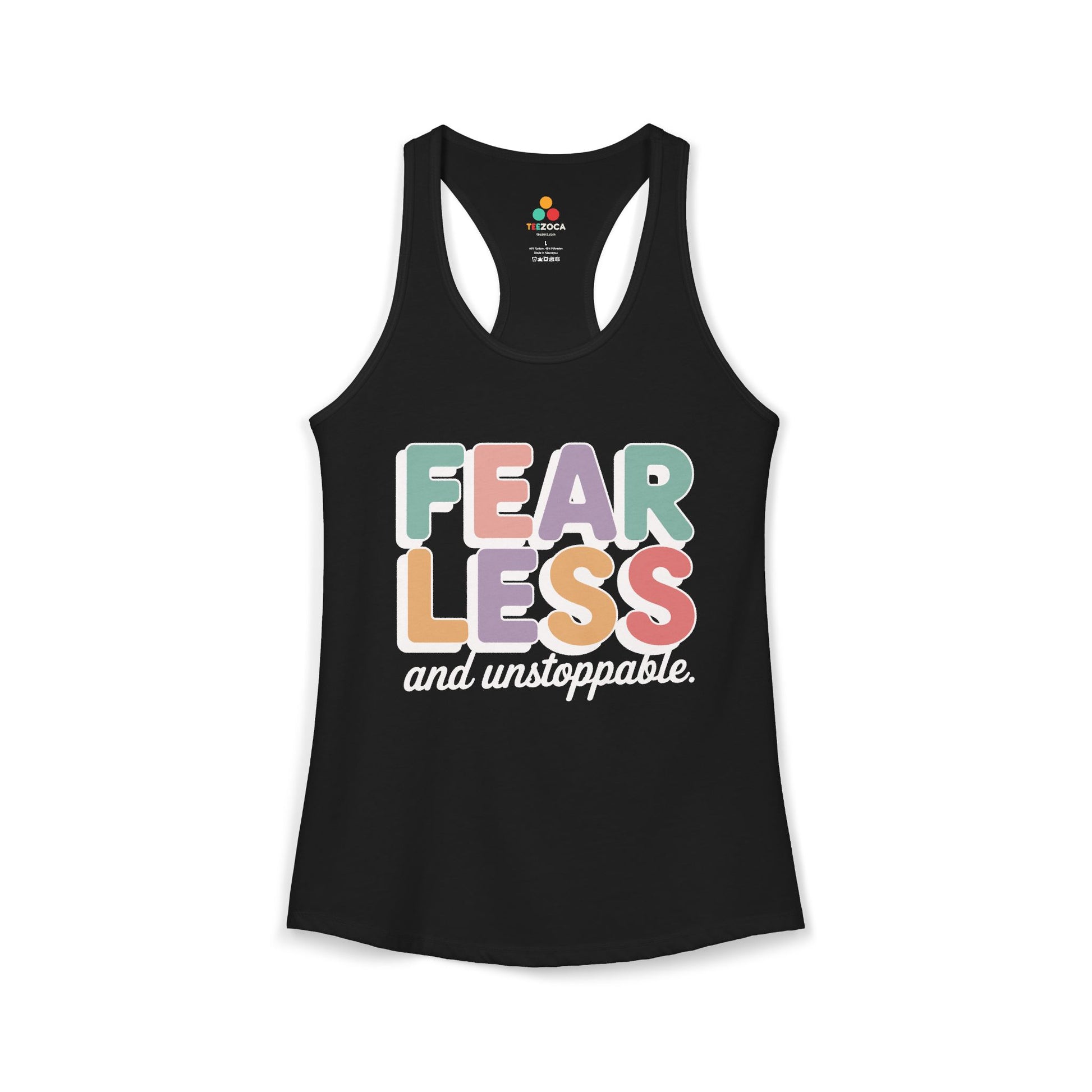 TEEZOCA women’s tank top featuring bold fearless typography design Black tank top with colorful 'Fearless and unstoppable' text on a white background