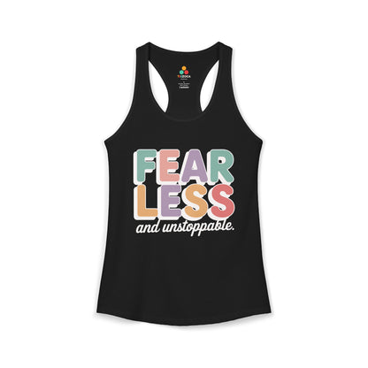 TEEZOCA women’s tank top featuring bold fearless typography design Black tank top with colorful 'Fearless and unstoppable' text on a white background