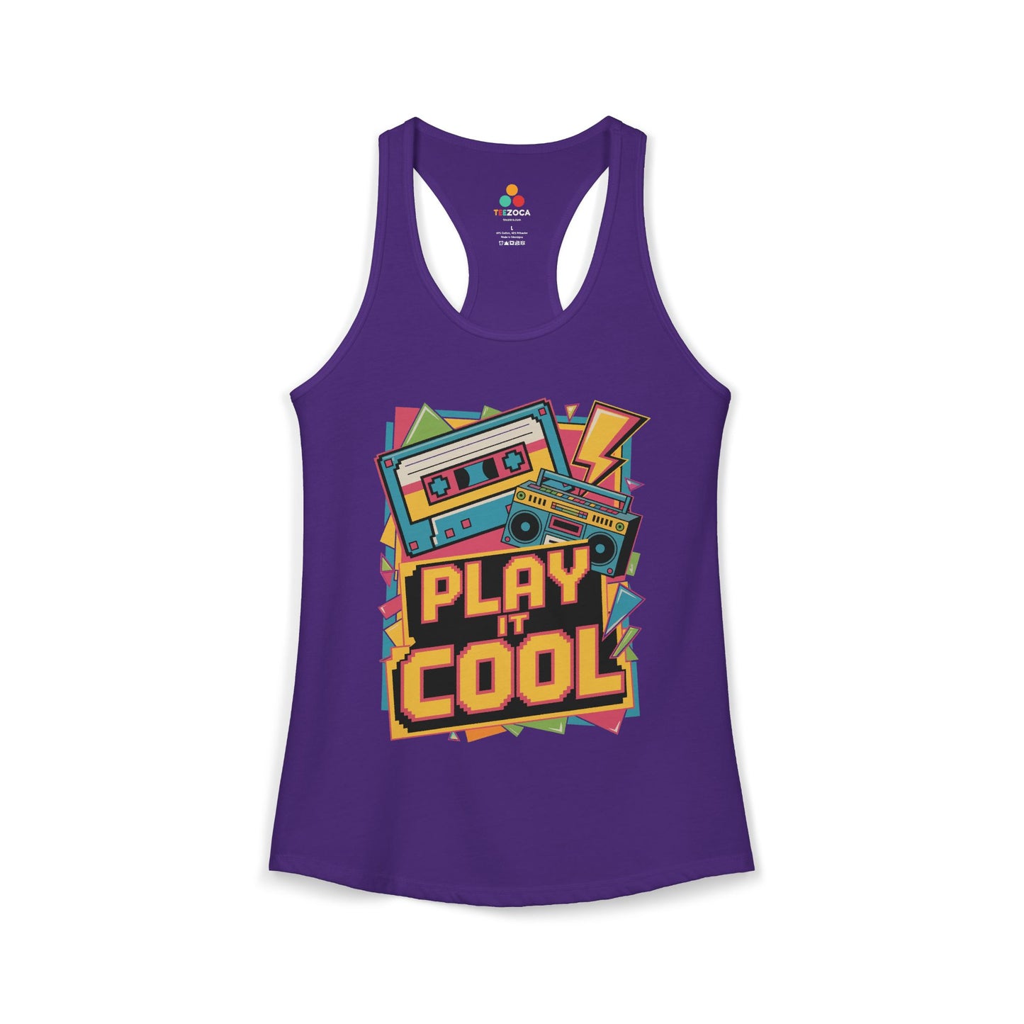 TEEZOCA women’s tank top featuring colorful “Play It Cool” retro design. Purple tank top with a colorful graphic and 'Play It Cool' text on a white background