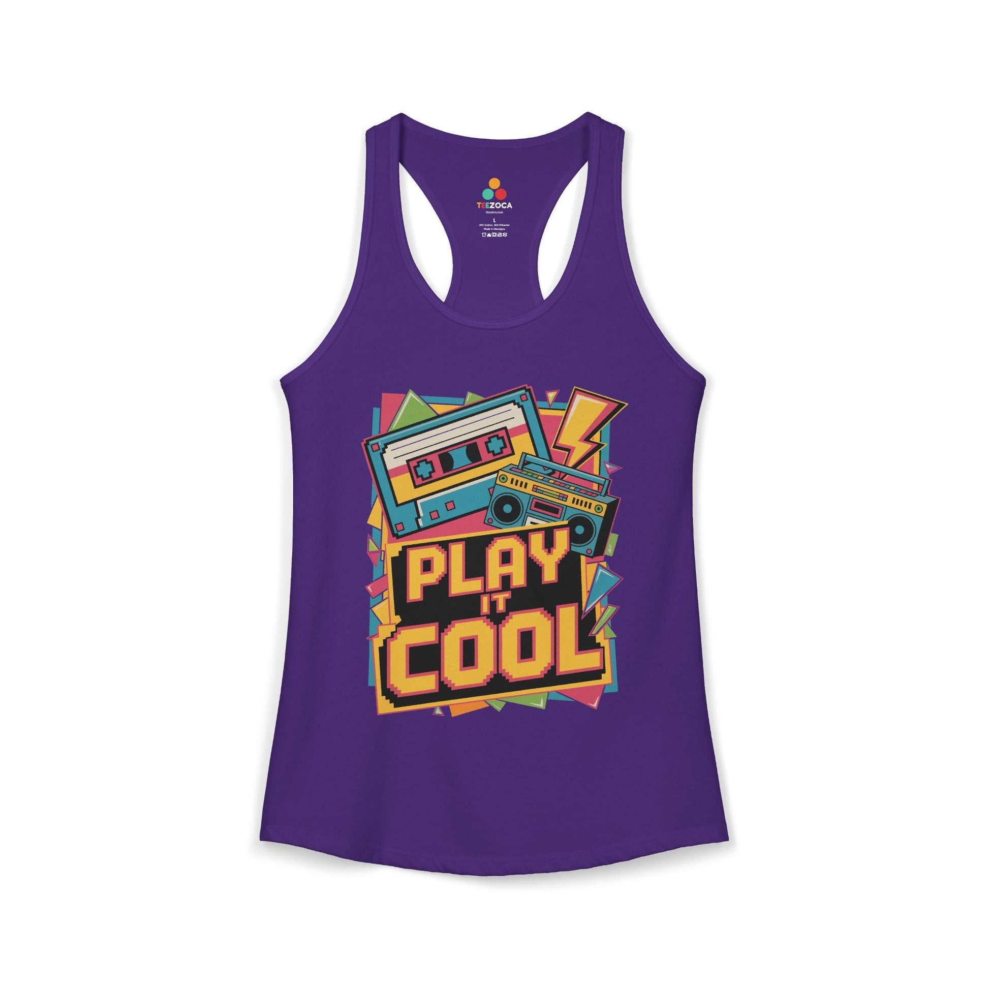TEEZOCA women’s tank top featuring colorful “Play It Cool” retro design. Purple tank top with a colorful graphic and 'Play It Cool' text on a white background