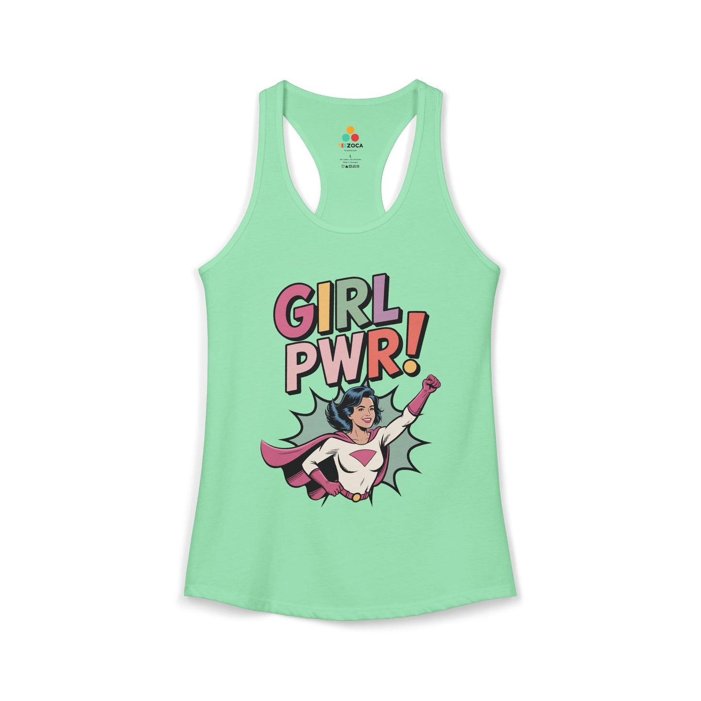 TEEZOCA women’s tank top featuring colorful girl power graphic Green tank top with 'Girl PWR!' text and superhero graphic on a white background
