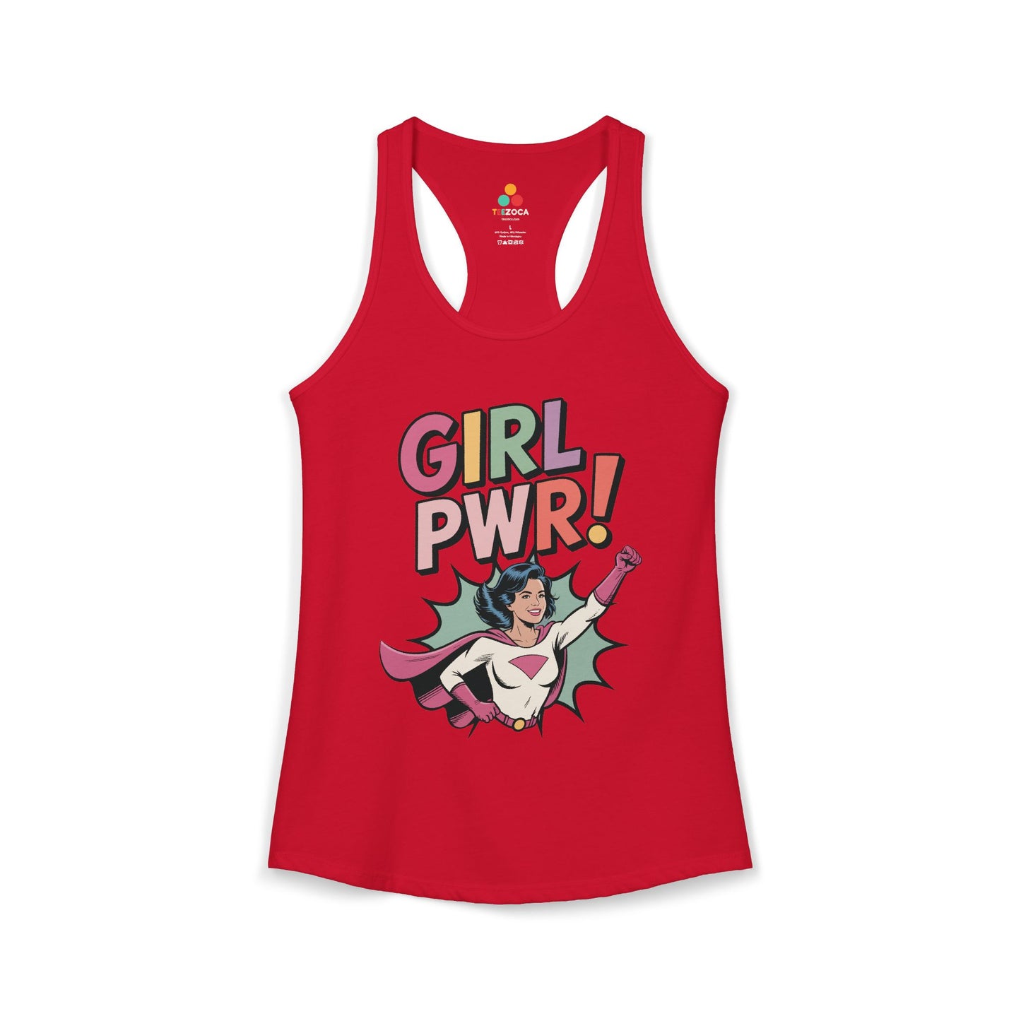 TEEZOCA women’s tank top featuring colorful girl power graphic Red tank top with 'Girl PWR!' graphic design on a white background