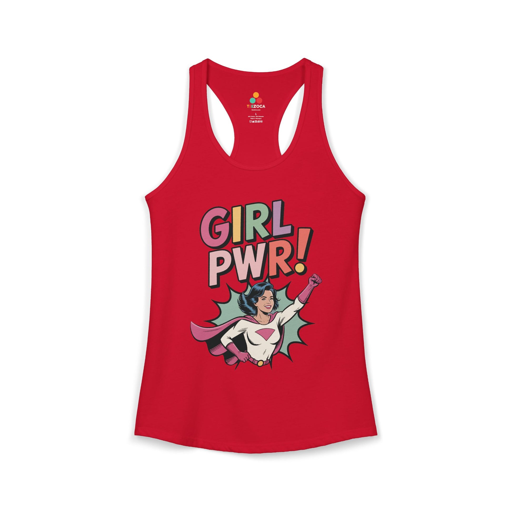 TEEZOCA women’s tank top featuring colorful girl power graphic Red tank top with 'Girl PWR!' graphic design on a white background
