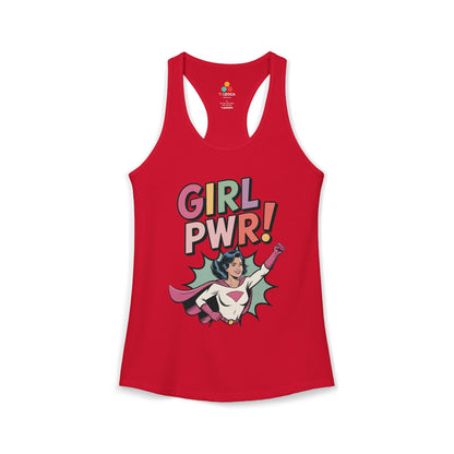 TEEZOCA women’s tank top featuring colorful girl power graphic Red tank top with 'Girl PWR!' graphic design on a white background
