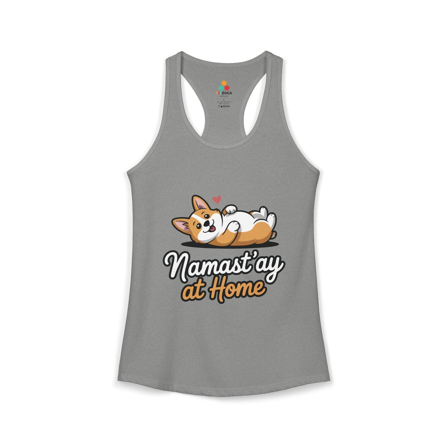 TEEZOCA women’s tank top featuring cute dog lounging yoga humor Gray tank top with a dog graphic and text 'Namast'ay at Home' on a white background