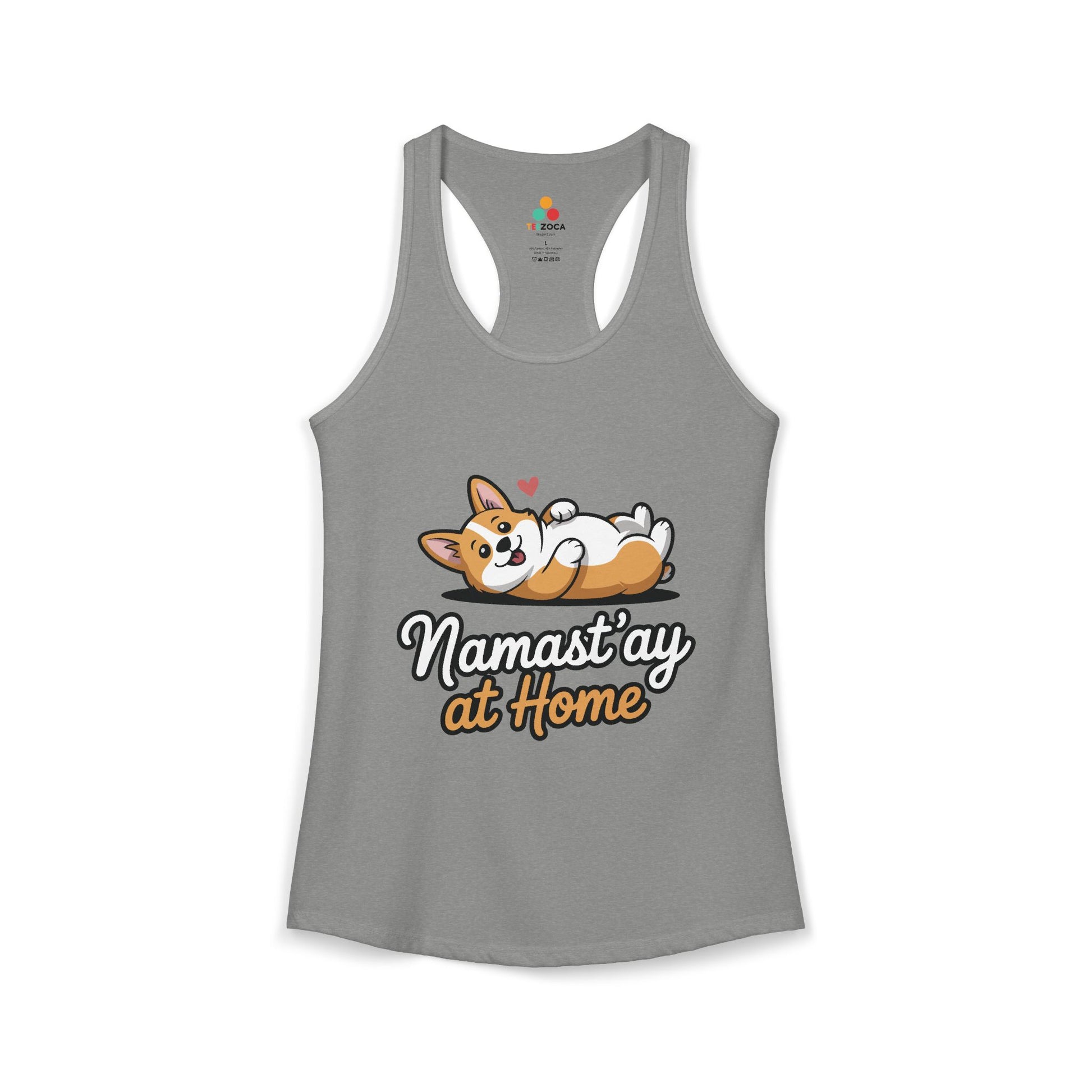 TEEZOCA women’s tank top featuring cute dog lounging yoga humor Gray tank top with a dog graphic and text 'Namast'ay at Home' on a white background