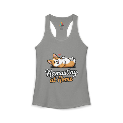 TEEZOCA women’s tank top featuring cute dog lounging yoga humor Gray tank top with a dog graphic and text 'Namast'ay at Home' on a white background