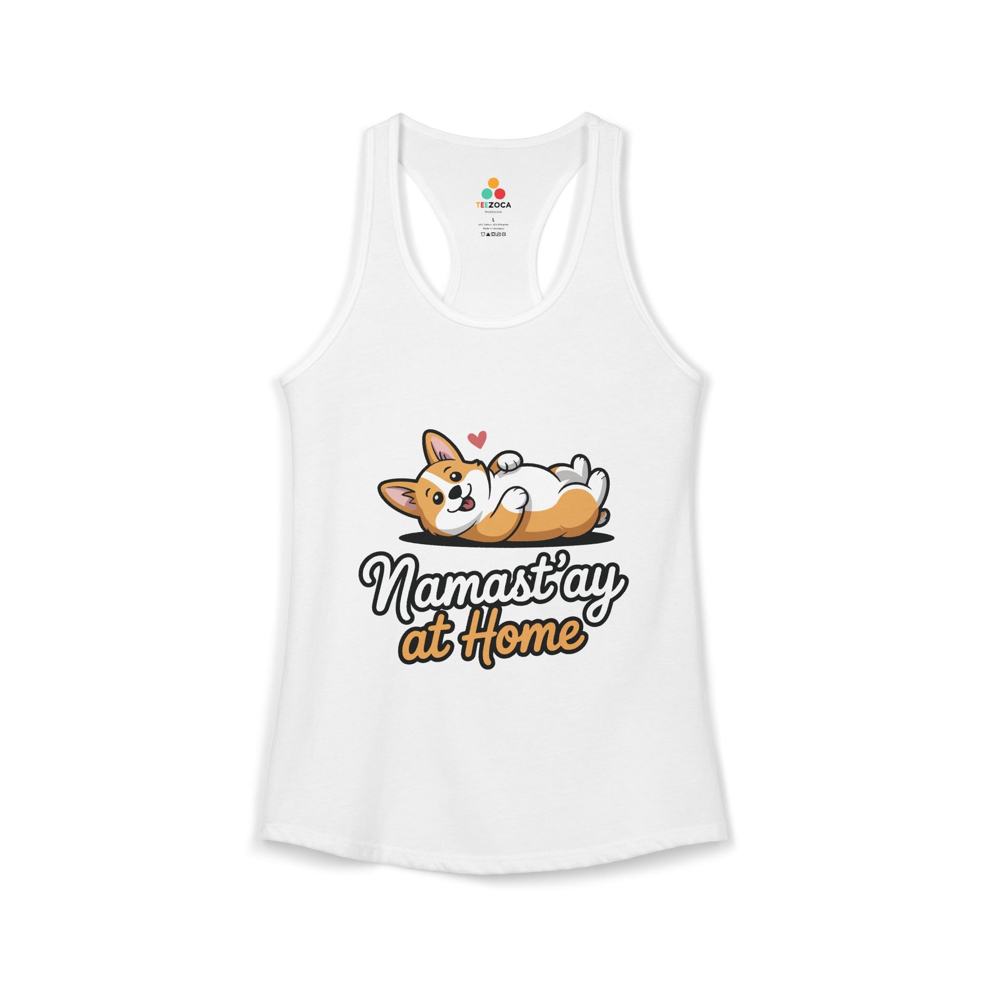 TEEZOCA women’s tank top featuring cute dog lounging yoga humor White tank top with a dog graphic and 'Namast'ay at Home' text on a white background