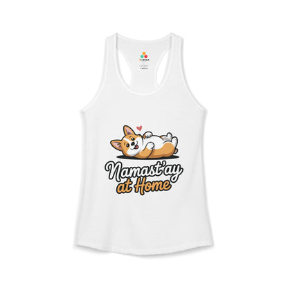 TEEZOCA women’s tank top featuring cute dog lounging yoga humor White tank top with a dog graphic and 'Namast'ay at Home' text on a white background