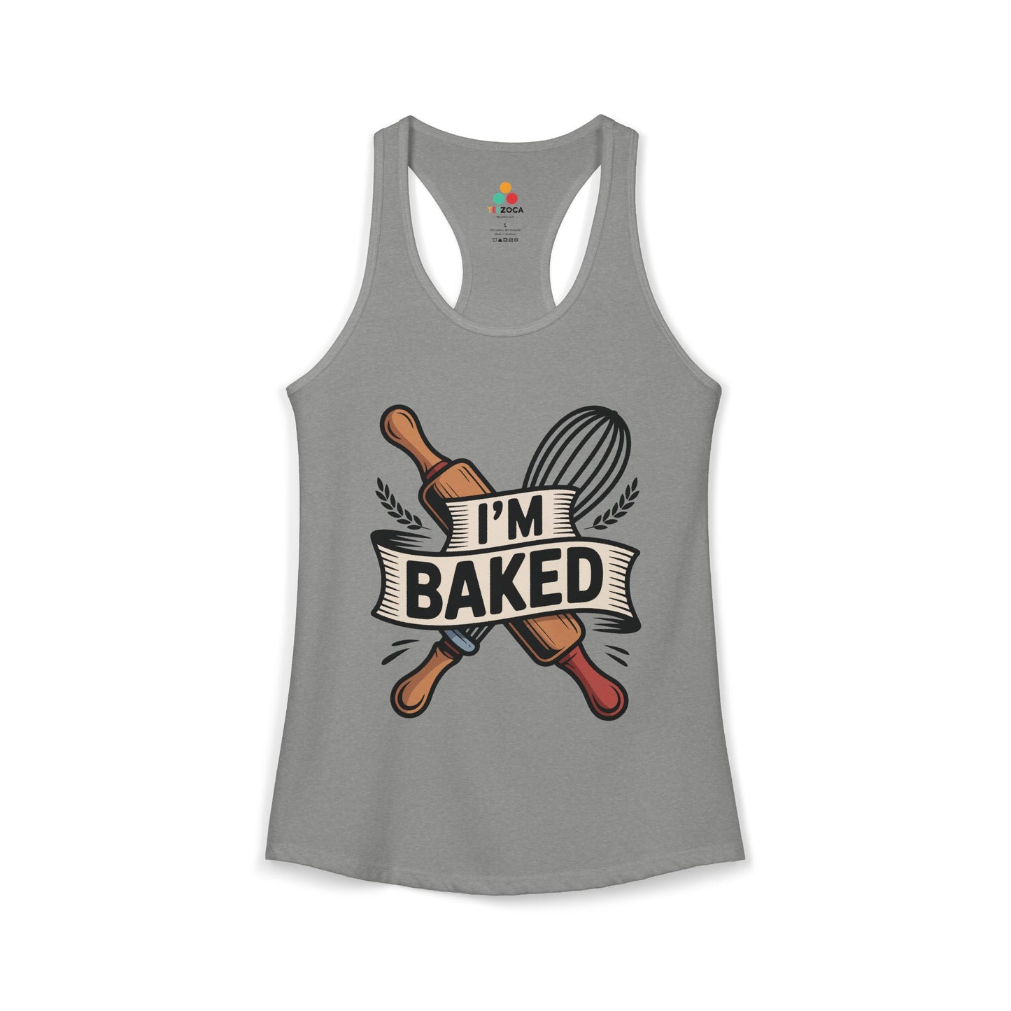 TEEZOCA women’s tank top featuring funny baking quote and kitchen tools Gray tank top with 'I'm Baked' graphic design on a white background