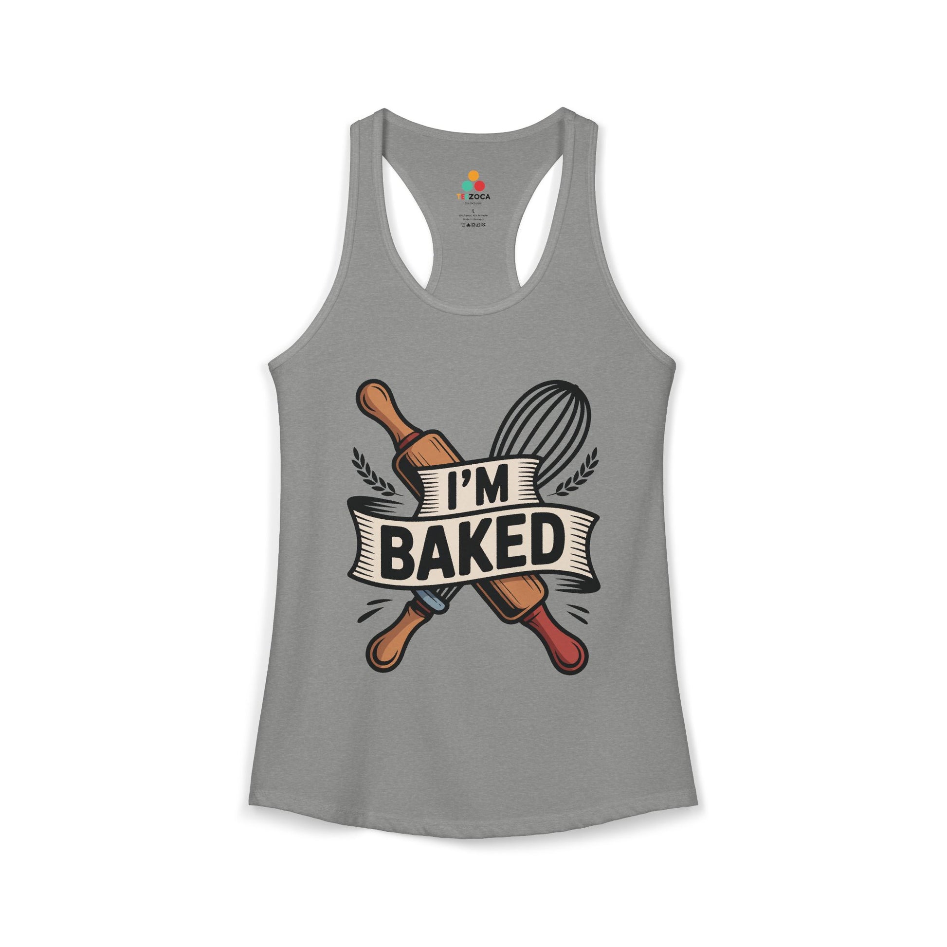 TEEZOCA women’s tank top featuring funny baking quote and kitchen tools Gray tank top with 'I'm Baked' graphic design on a white background