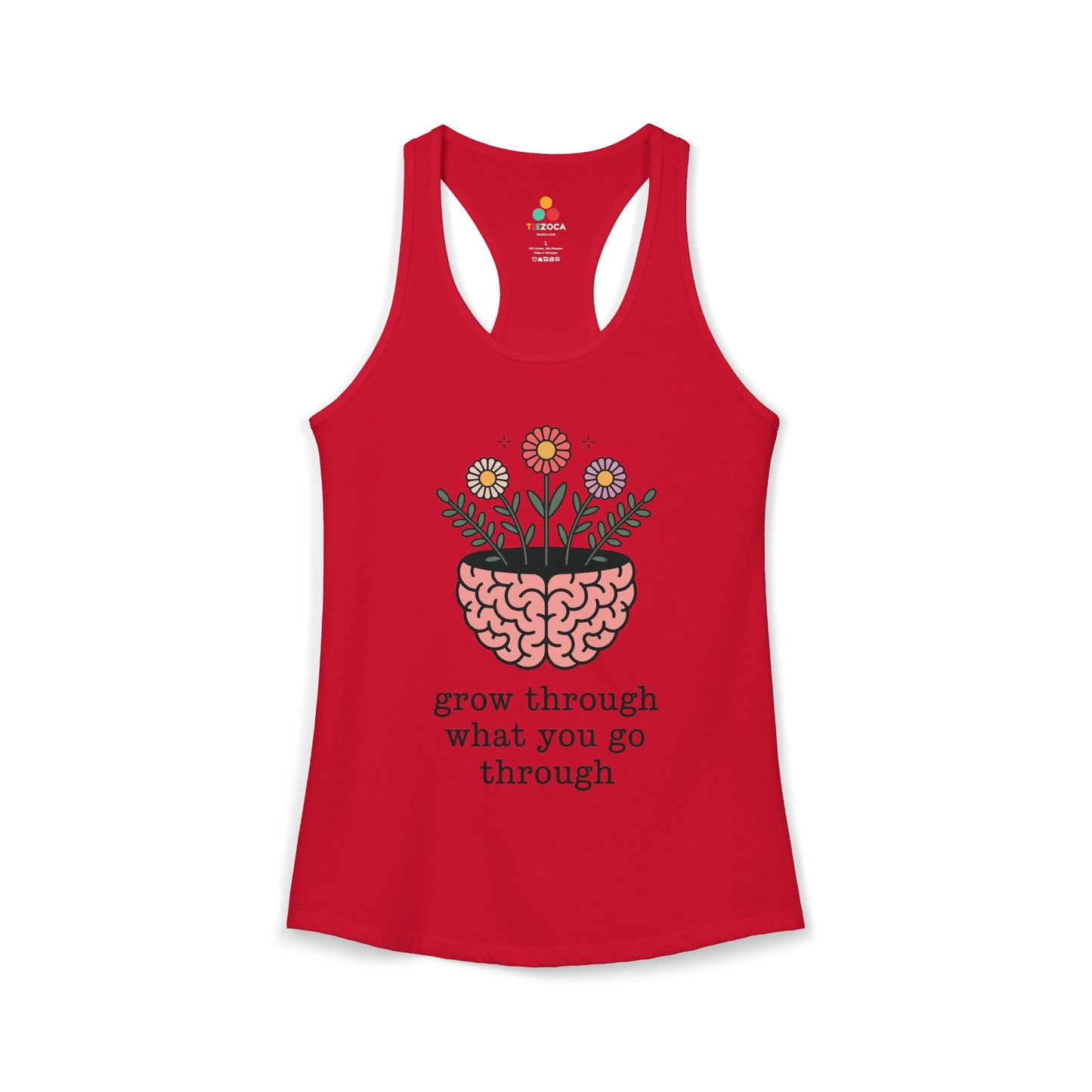 TEEZOCA women’s tank top featuring mindful growth and floral illustration Red tank top with brain and flowers design and motivational quote on a white background
