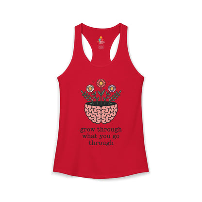 TEEZOCA women’s tank top featuring mindful growth and floral illustration Red tank top with brain and flowers design and motivational quote on a white background