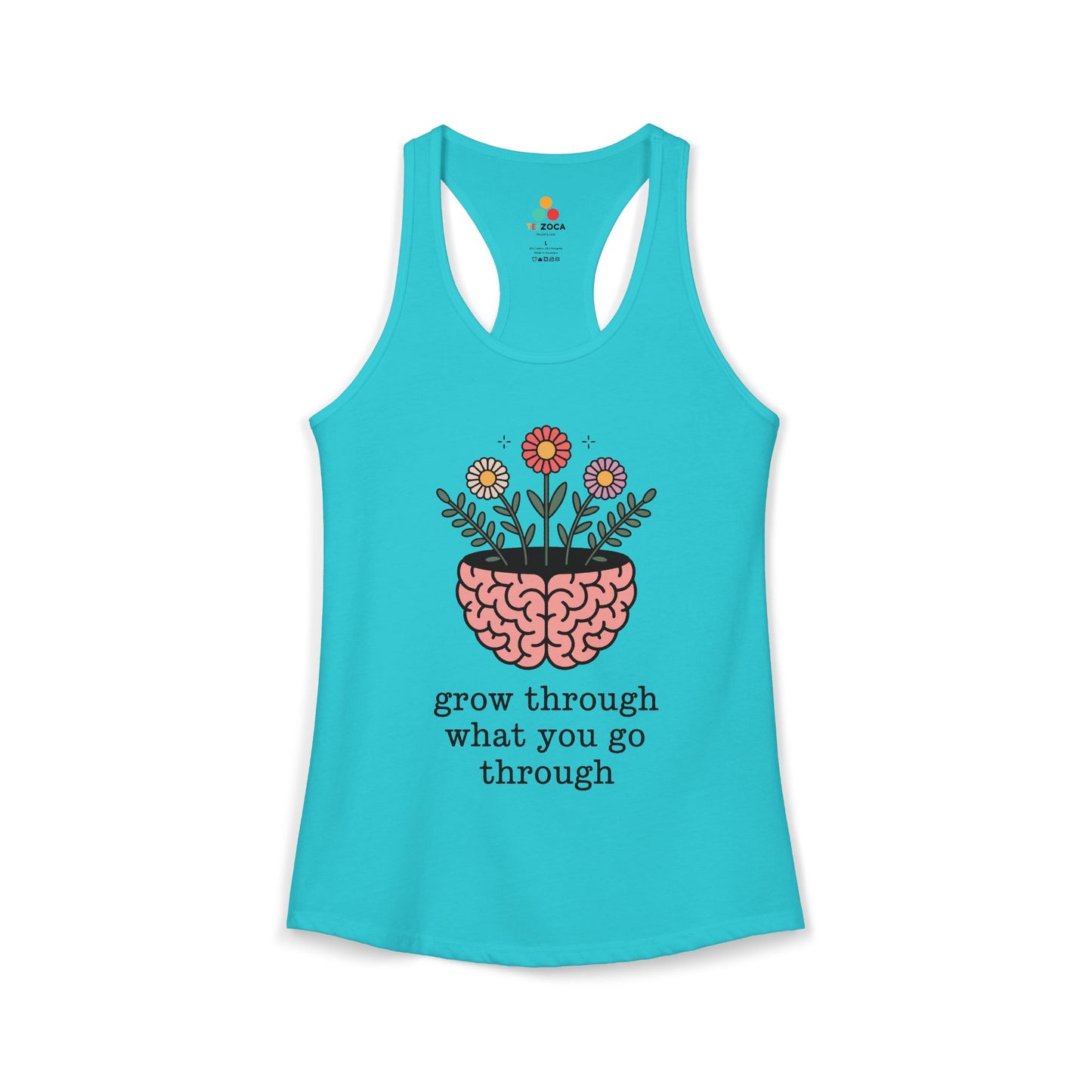 TEEZOCA women’s tank top featuring mindful growth and floral illustration Turquoise tank top with brain and flowers design and motivational quote on a white background