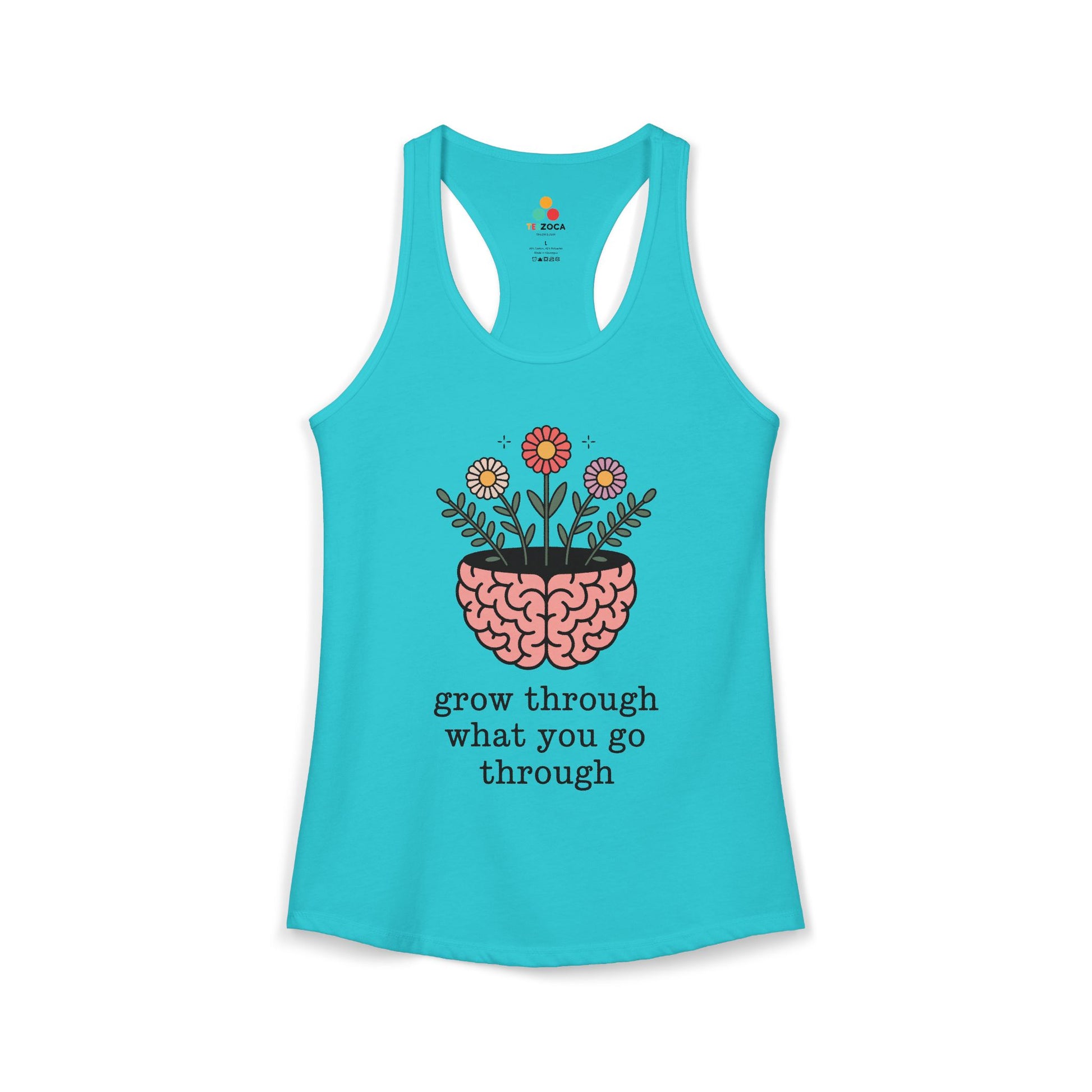 TEEZOCA women’s tank top featuring mindful growth and floral illustration Turquoise tank top with brain and flowers design and motivational quote on a white background