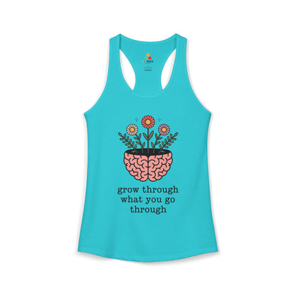 TEEZOCA women’s tank top featuring mindful growth and floral illustration Turquoise tank top with brain and flowers design and motivational quote on a white background