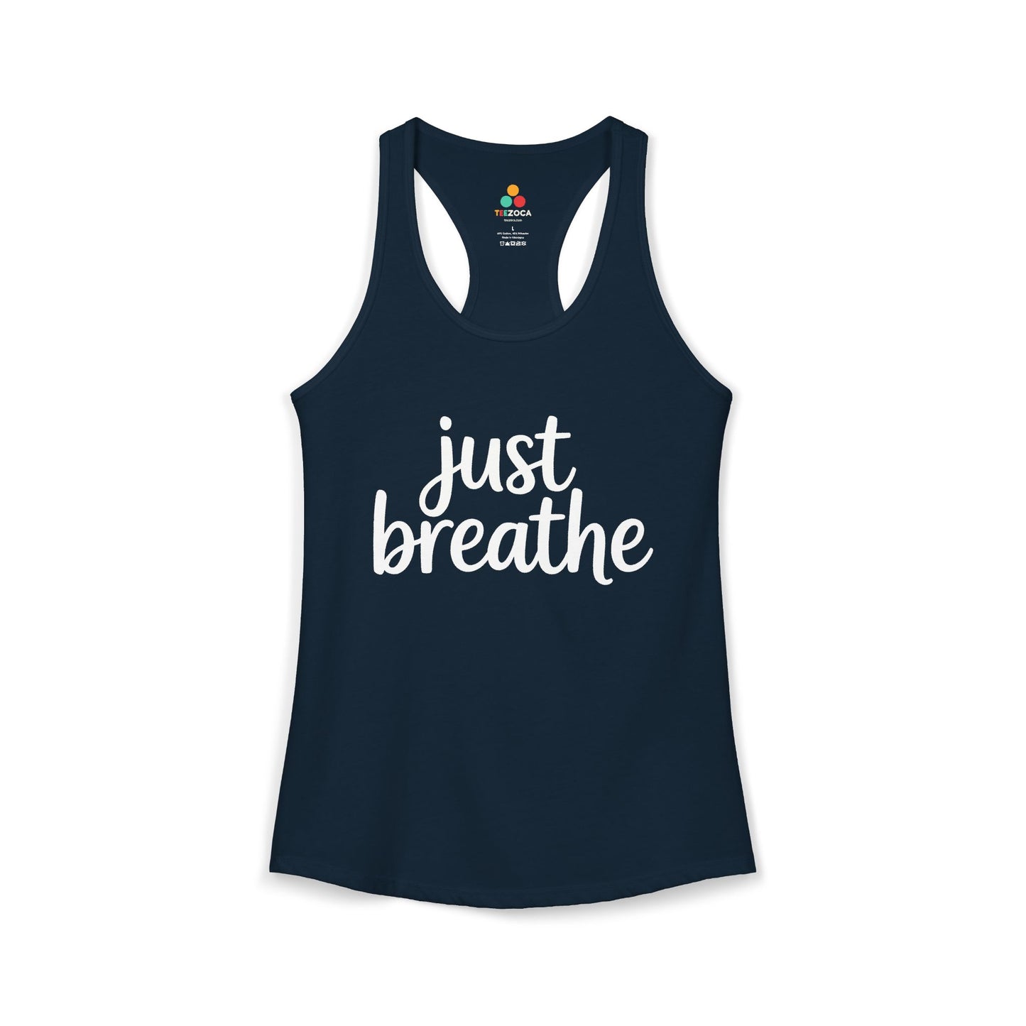 TEEZOCA women’s tank top featuring minimalist Just Breathe quote Navy tank top with 'just breathe' text on a white background