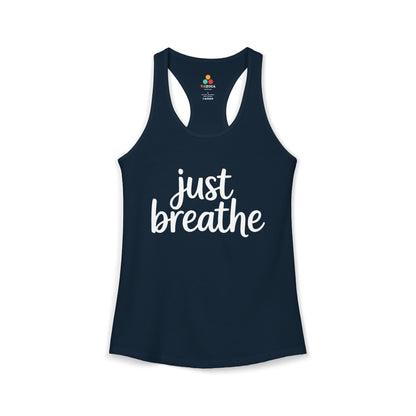 TEEZOCA women’s tank top featuring minimalist Just Breathe quote Navy tank top with 'just breathe' text on a white background
