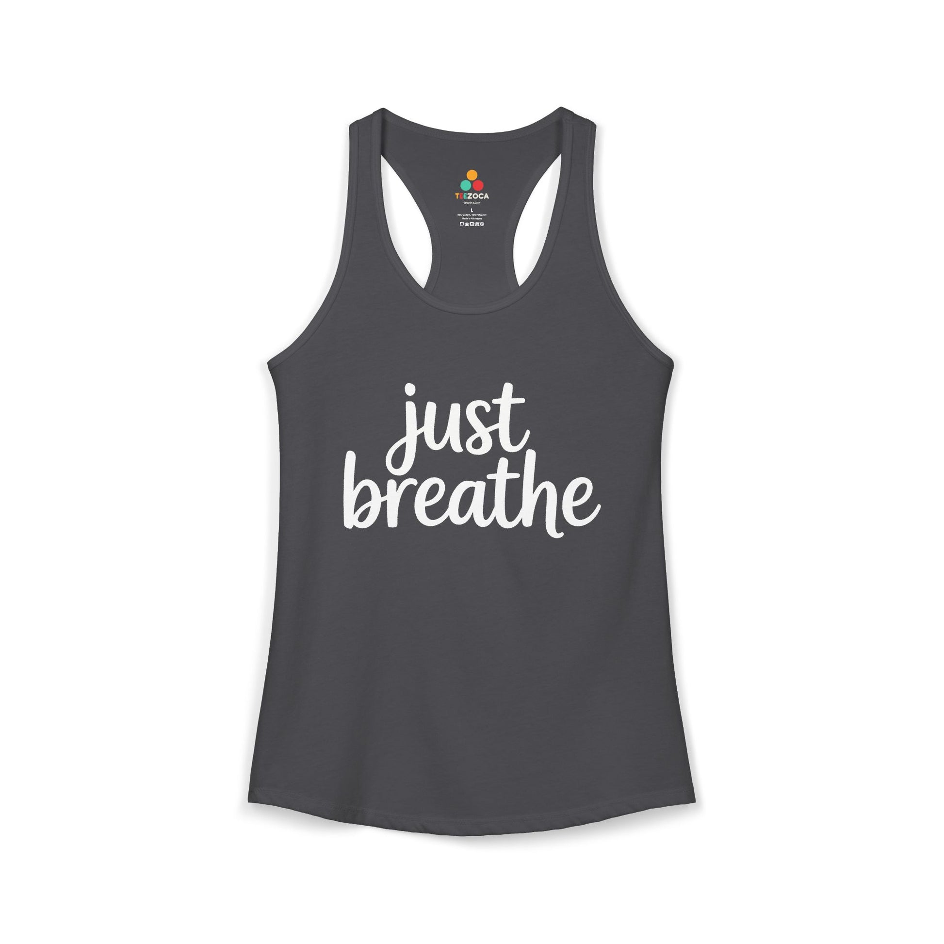 TEEZOCA women’s tank top featuring minimalist Just Breathe quote Navy tank top with 'just breathe' text on a white background Gray tank top with 'just breathe' text on a white background