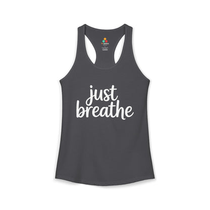 TEEZOCA women’s tank top featuring minimalist Just Breathe quote Navy tank top with 'just breathe' text on a white background Gray tank top with 'just breathe' text on a white background