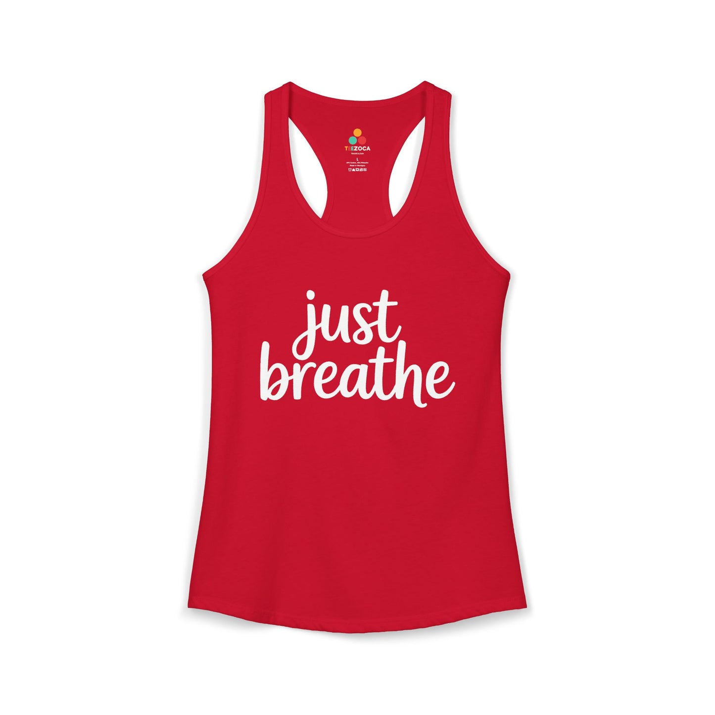 TEEZOCA women’s tank top featuring minimalist Just Breathe quote Red tank top with 'just breathe' text on a white background