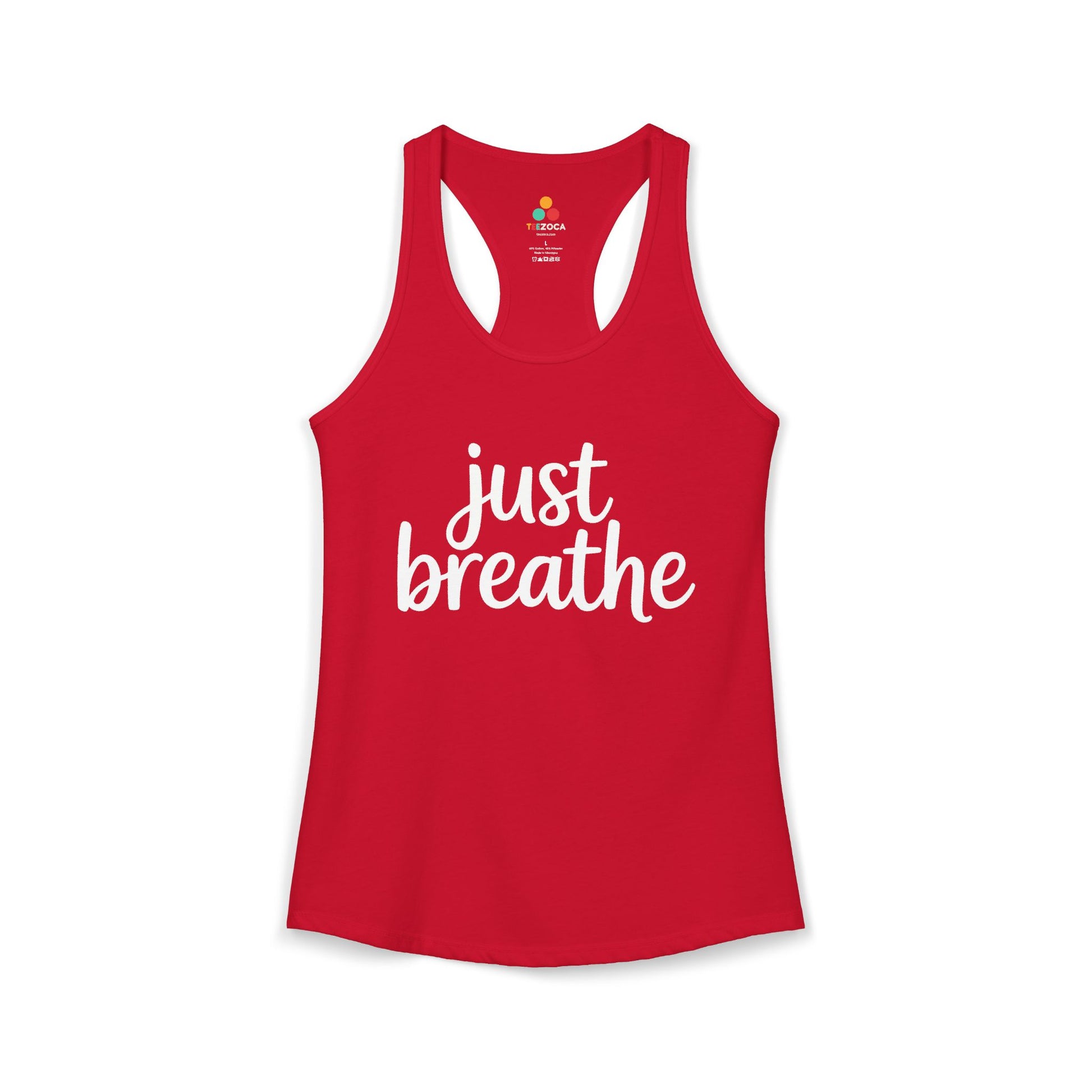 TEEZOCA women’s tank top featuring minimalist Just Breathe quote Red tank top with 'just breathe' text on a white background