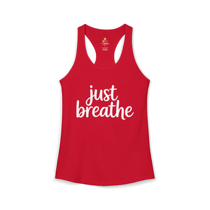 TEEZOCA women’s tank top featuring minimalist Just Breathe quote Red tank top with 'just breathe' text on a white background