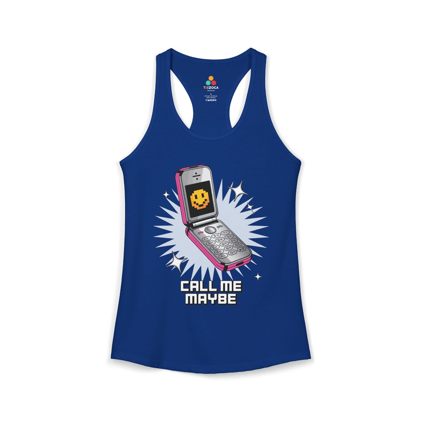 TEEZOCA women’s tank top featuring nostalgic flip phone illustration. Blue tank top with a phone graphic and 'Call Me Maybe' text on a white background