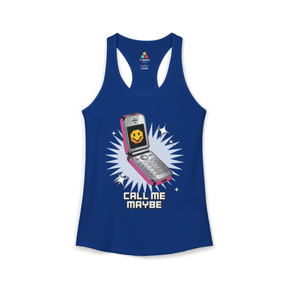 TEEZOCA women’s tank top featuring nostalgic flip phone illustration. Blue tank top with a phone graphic and 'Call Me Maybe' text on a white background