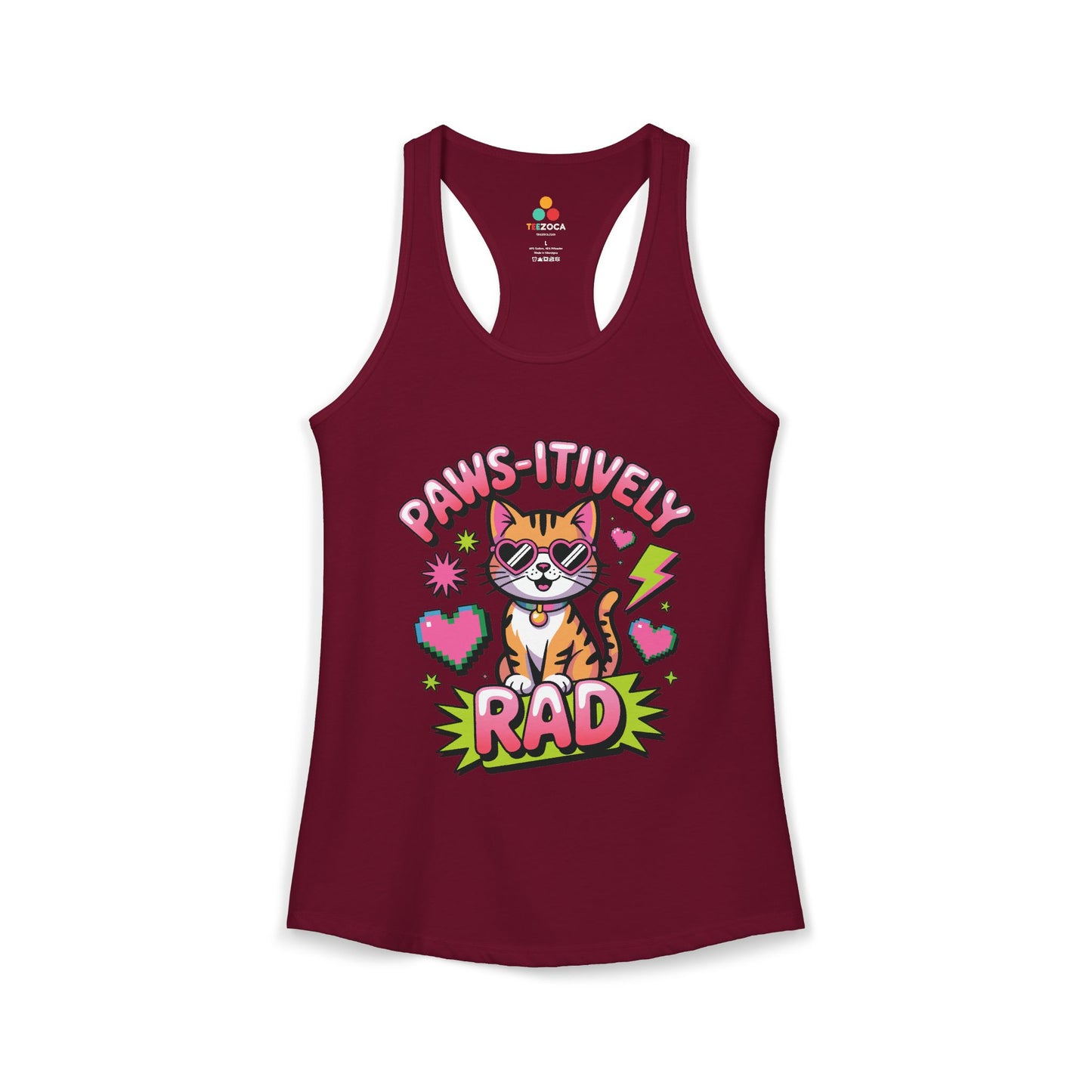 TEEZOCA women’s tank top featuring paws-itively rad cat design Maroon tank top with a cat graphic and text on a white background