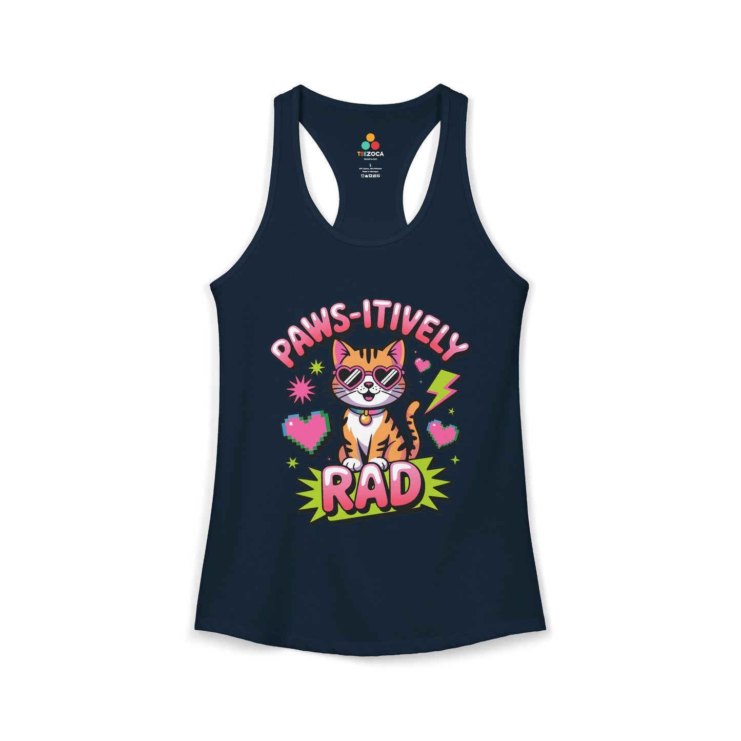 TEEZOCA women’s tank top featuring paws-itively rad cat design Navy tank top with a cat graphic and 'Paws-itively Rad' text on a white background
