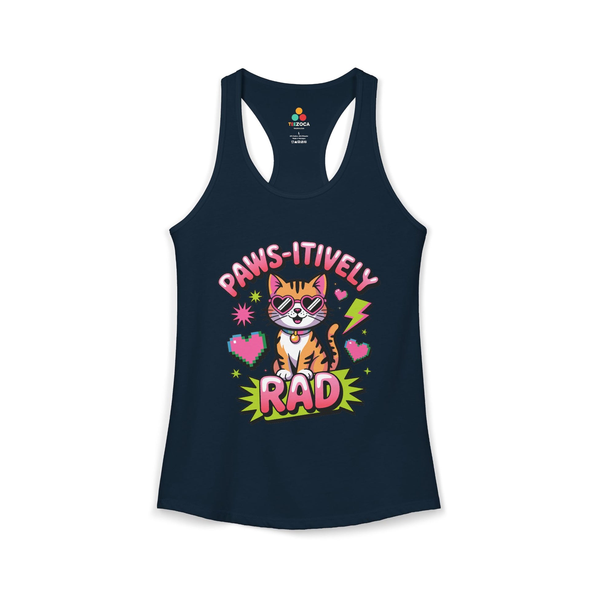 TEEZOCA women’s tank top featuring paws-itively rad cat design Navy tank top with a cat graphic and 'Paws-itively Rad' text on a white background