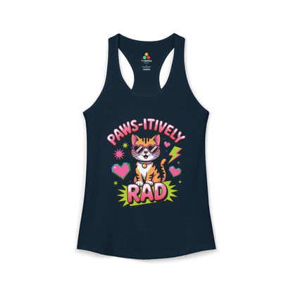 TEEZOCA women’s tank top featuring paws-itively rad cat design Navy tank top with a cat graphic and 'Paws-itively Rad' text on a white background