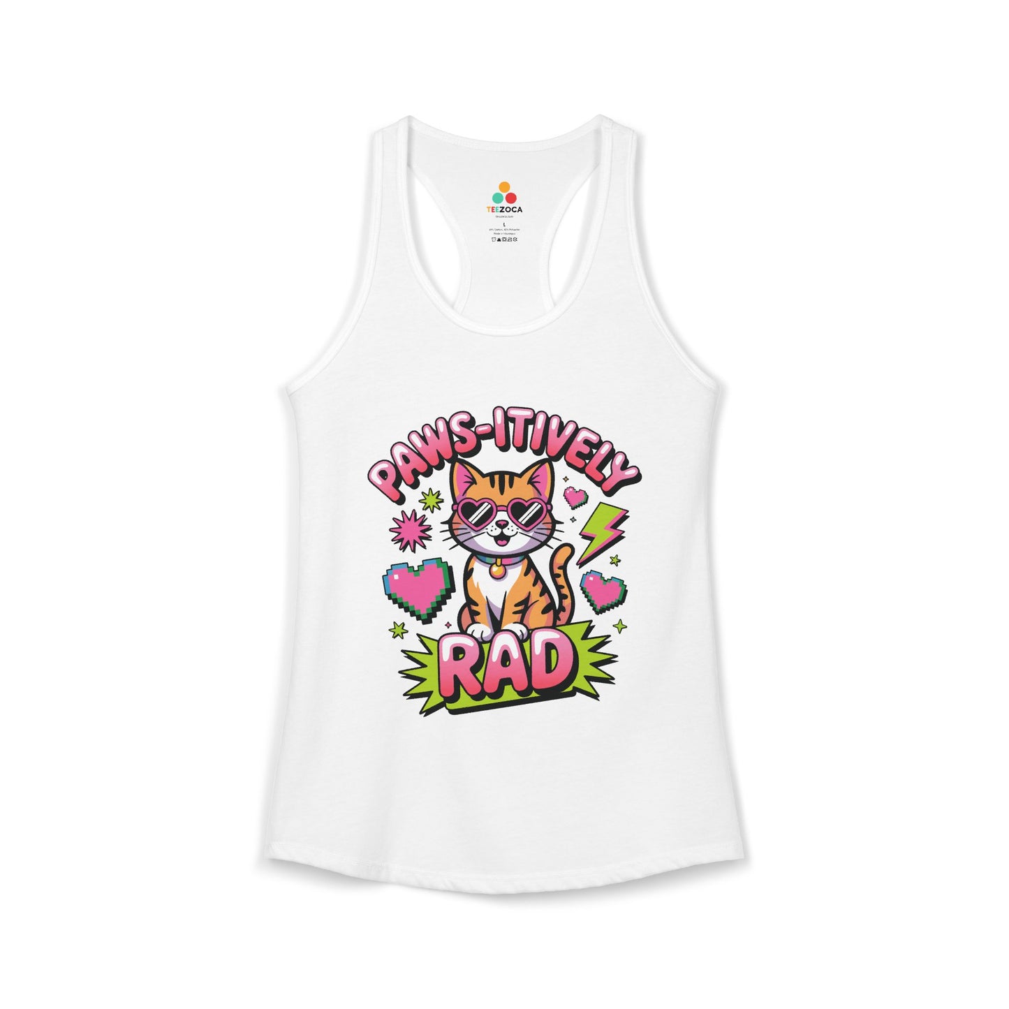 TEEZOCA women’s tank top featuring paws-itively rad cat design White tank top with a cat graphic and 'Paws-itively Rad' text on a white background