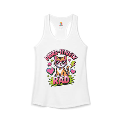 TEEZOCA women’s tank top featuring paws-itively rad cat design White tank top with a cat graphic and 'Paws-itively Rad' text on a white background