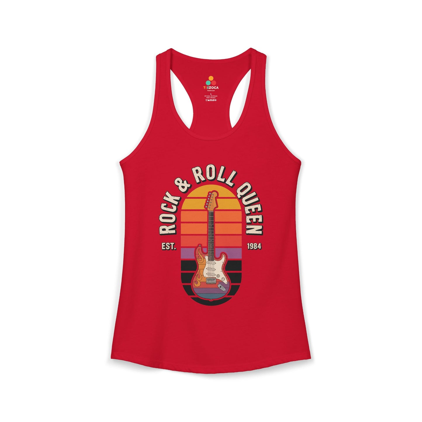 Red tank top with 'Rock & Roll Queen' graphic design on a white background